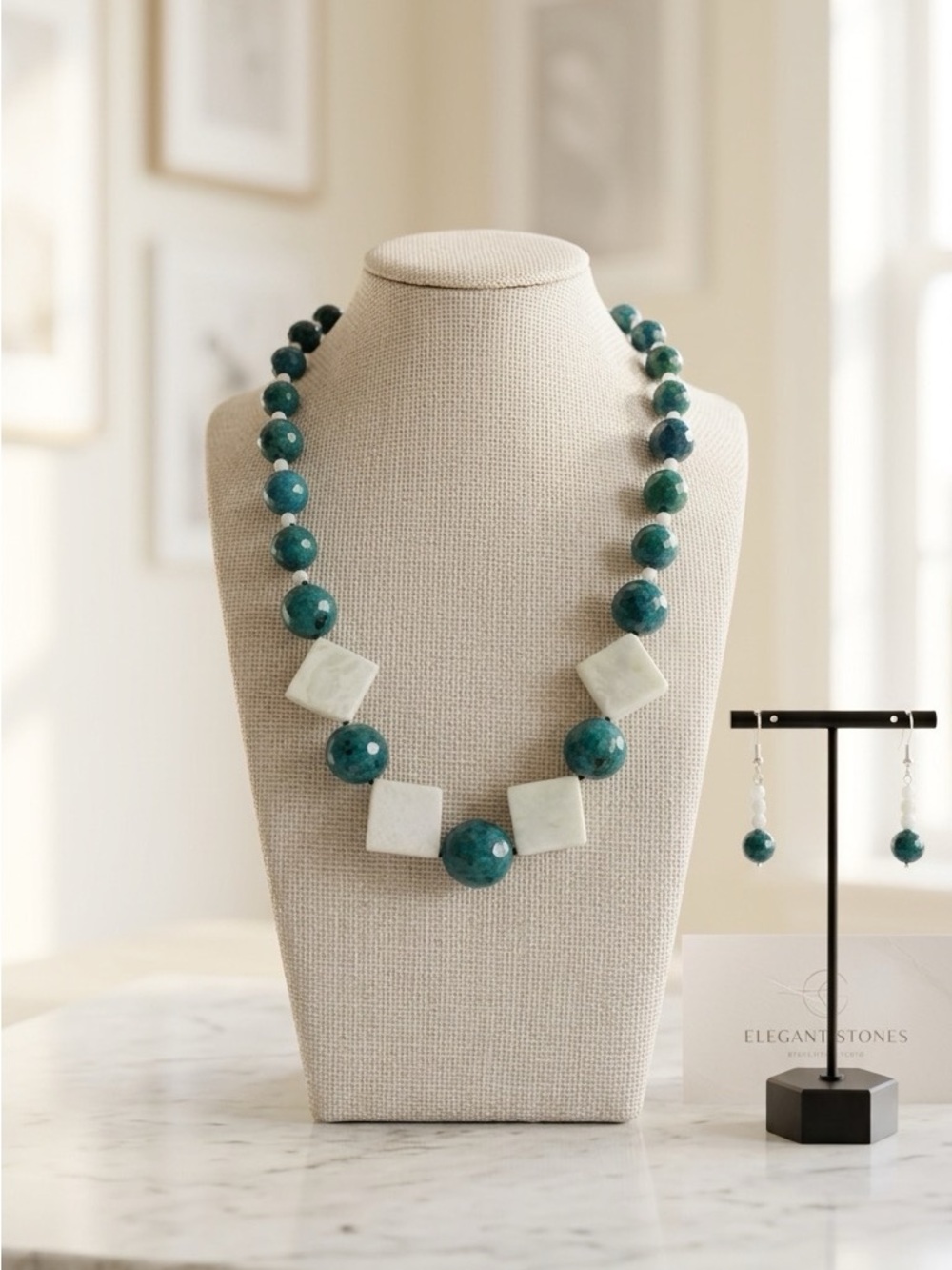 Faceted Chrysocolla, Marble & Mother of Pearl Necklace and Earring Set